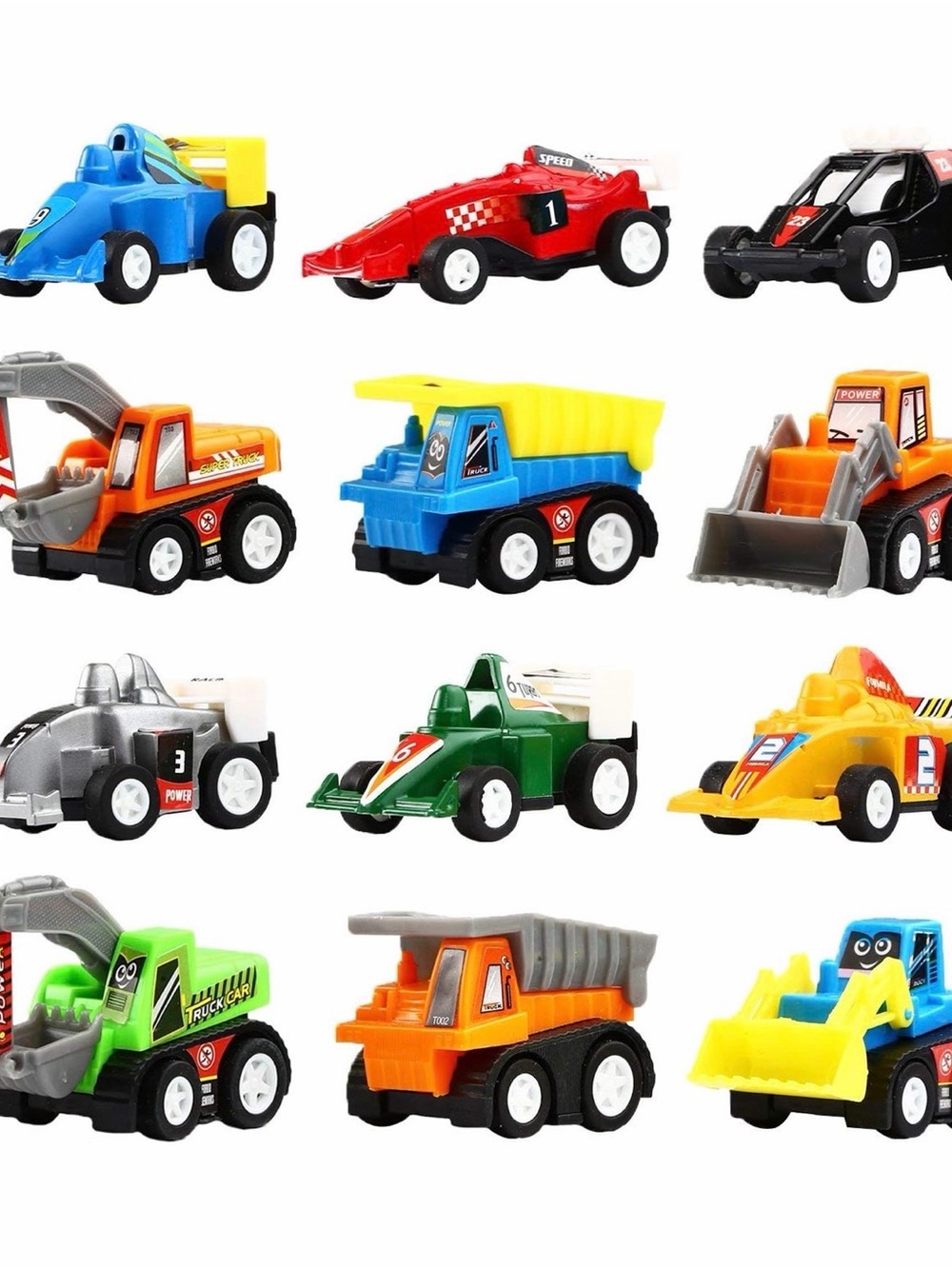 Pull Back Vehicles, 12 Pack Mini Assorted Construction Vehicles and Race Car Toy